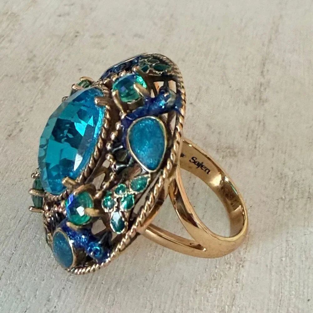 Sajen Peacock Dome Ring Bronze Blue Enamel Crystal Statement Ring - Picture 4 of 13